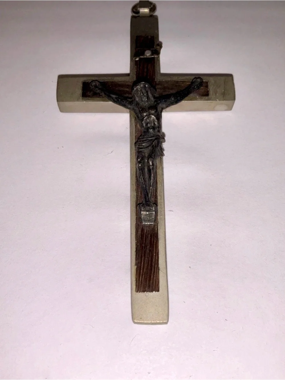 Vintage Italy Brown Enamel Crucifix Cross Pendant Catholic Silver Tone 3.5”